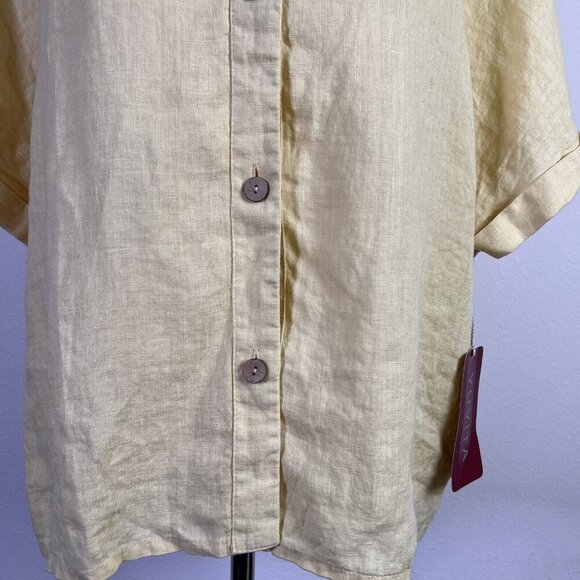 Yuvita NWT 100% Linen Top Yellow Women's Large Boho Button Front Short Sleeve - Picture 3 of 11